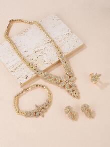 5入組優雅淑女婚禮首飾套裝金色葉形鑲鑽項鍊戒指耳環手鍊節慶禮物 - 金黃色 - 查看 2