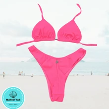 Plus Size Double-String Ribbed Bikini With Removable Padding. - النيون الوردي - مشاهدة 1