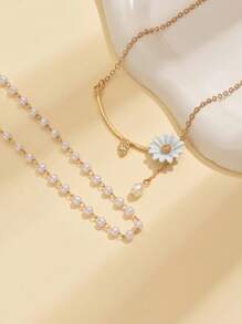 Set de 2 collares con colgante de flor de margarita dorada, collar de cadena de perlas de doble capa elegante, collar de flor de longitud ajustable hecho a mano para fiesta y uso diario - Dorado - Ver 3
