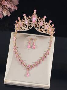 4 件套青少年首饰套装、公主项链套装、皇冠项链套装、水晶级花童派对头饰、奢华皇冠项链礼盒、适合节日、庆典、活动的婚礼配饰 - 粉色 - 查看 7