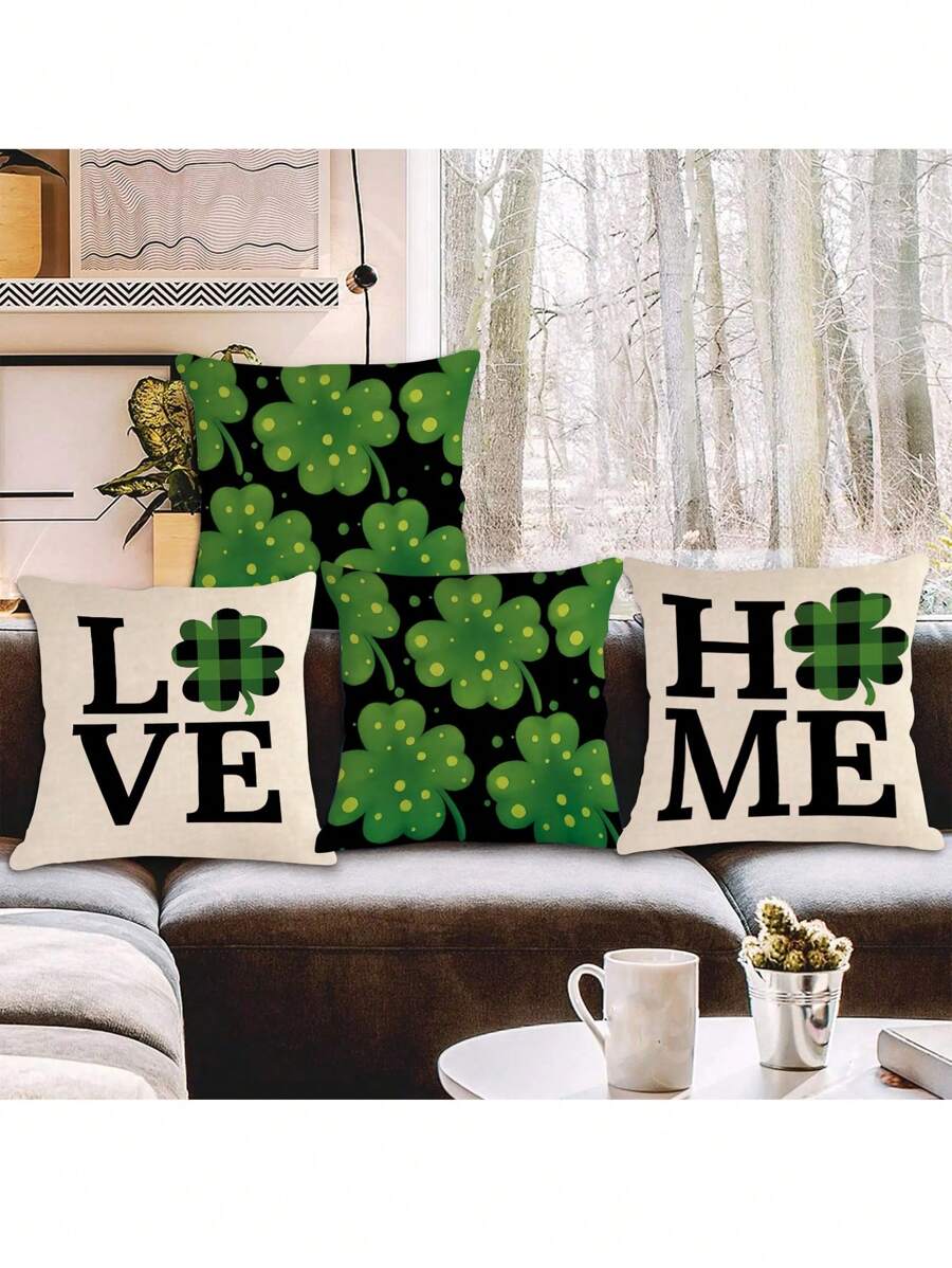 4入組聖派翠克節三葉草&綠帽&格紋圖案裝飾靠墊套（不含靠墊內膽）,適用於家庭沙發裝飾 - 粉色 - 查看 1