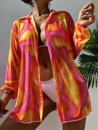 新款夏季海灘蓋衣，透視網眼印花防曬襯衫，長袖海灘防曬服