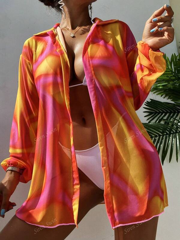 Nueva cubierta de playa de verano, camisa estampada de malla transparente con protección solar, manga larga, ropa de protección solar para la playa