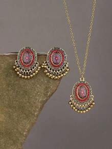 3入組復古合金椭圓形樹脂鑲嵌鈴鐺項鍊和耳環套裝,適合女性日常聚會穿戴 - 復古風 - 查看 11