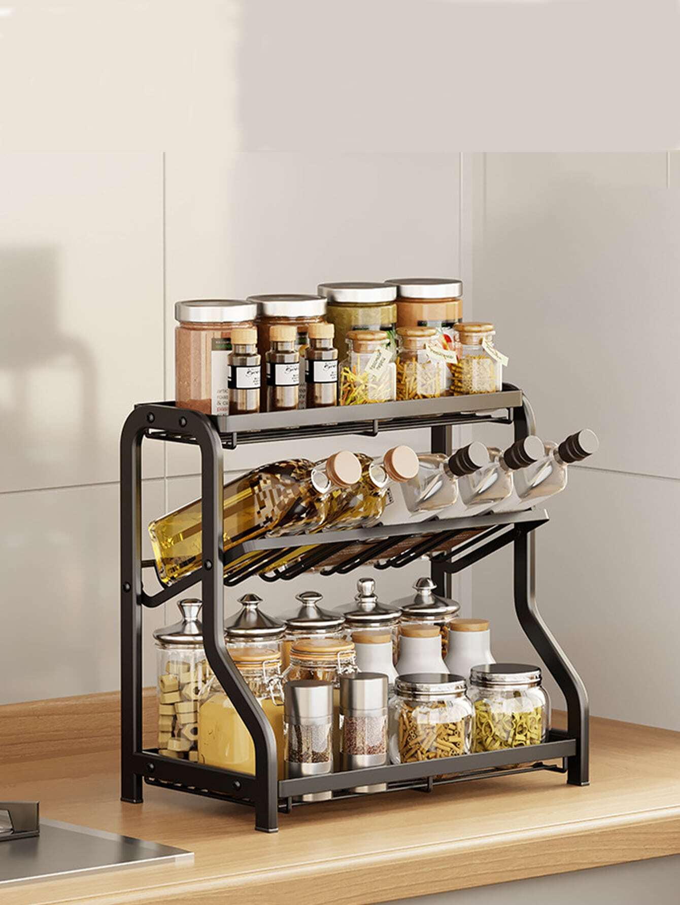 Soy Source Rack Sloping Spice Rack For Kitchen Countertop, 3-Tier Seasoning Organizer ...