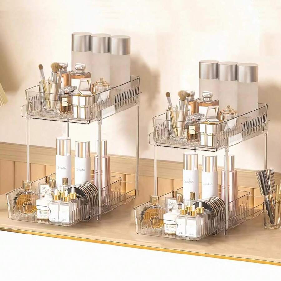 2 Set 2 Tier Bathroom Storage Organizer With Dividers, Clear Under Sink Organizers And Storage, Pull Out Cabinet Organizer For Bathroom Kitchen Pantry, Medicine Cabinet Organizer - 無色 - 查看 1