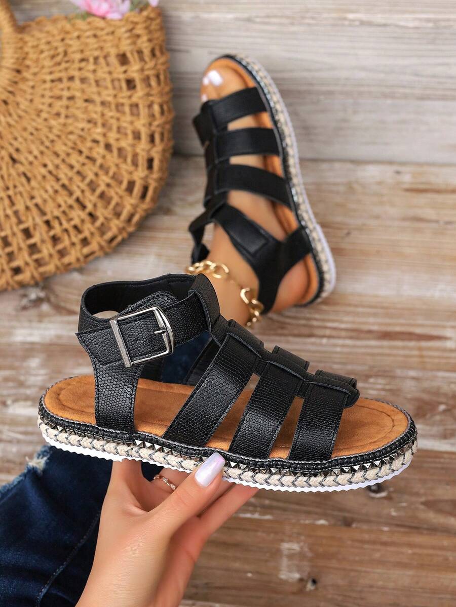 Của phụ nữ Bằng phẳng Dép xăng đan Với Khóa Khép kín , Phong cách , Dày Đế Cho mùa hè - màu đen - Xem 1