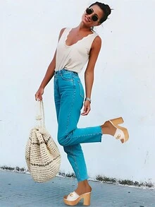 Women's Platform Block Chunky High Heel Metal Chain Summer Sandals Open Toe Slip-On Mule Vacation Casual Woman Shoes - trắng - Xem 6