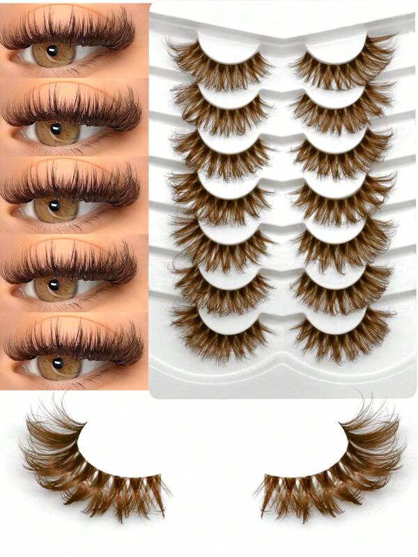 GROINNEYA 7 pares de pestañas marrones de mink falso, pestañas postizas con tallo transparente, aspecto natural y esponjoso, herramienta de maquillaje (BN01)