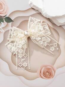 1pc Elegant Lace & Pearl Bow Hair Clip - Beige - View 1