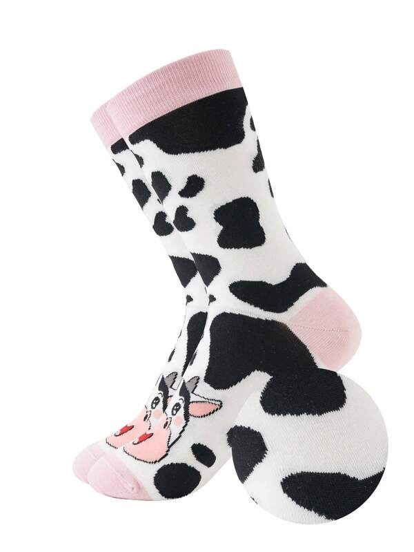 1 Pair Women Novelty Personalized Cartoon Cute Multicolor Jacquard Cow Pattern Mid-Calf Socks, Sports Socks, All Season, European Size, Comfortable Breathable Durable, Vibrant Colors, Suitable For Daily Wear, Premium Fabric, Non-Stuffy
