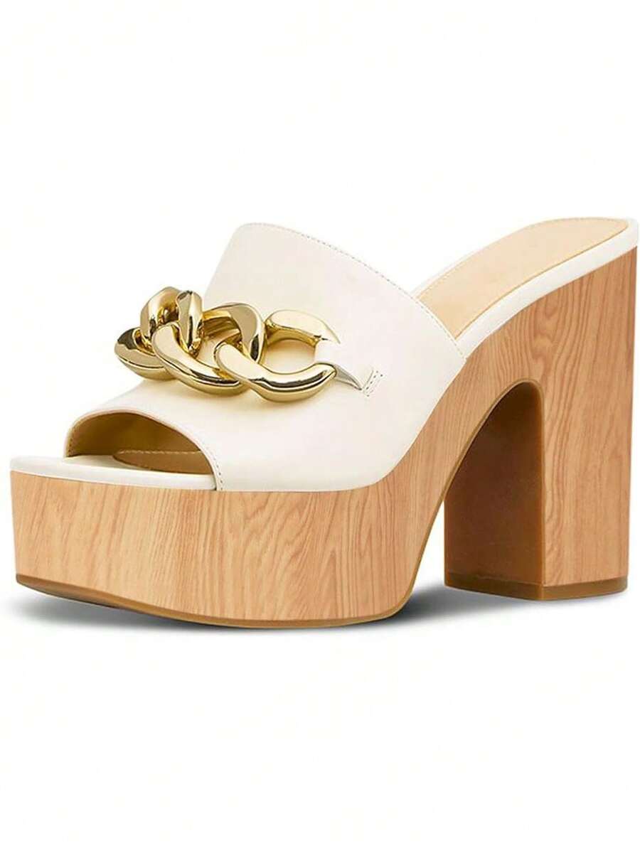 Women's Platform Block Chunky High Heel Metal Chain Summer Sandals Open Toe Slip-On Mule Vacation Casual Woman Shoes - trắng - Xem 1