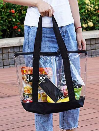 大容量透明沙滩手提袋，结实耐用的提手，时尚实用，适合外出、旅行、购物和居家使用，防水防沙透明袋，沙滩运动野餐零食透明手提袋，女士实用透明背包
