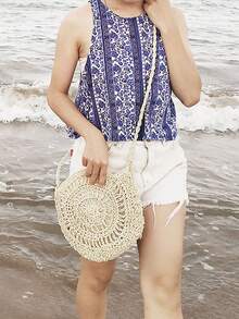 Yogodlns Túi đeo chéo tròn tua rua màu rơm trơn - Màu be - Xem 4