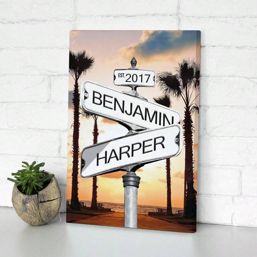 1pc Canvas Wall Art With Names Date Romantic Couple Gift Anniversary