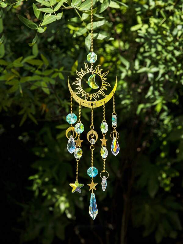 1 pièce Pendentif carillon de vent en cristal en forme d'étoile et de lune. Fourniture transfrontalière d'artisanat en cristal, décoration de jardin. Capteur de soleil, décoration de maison, décoration de chambre, décoration murale