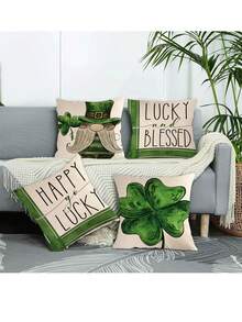 4 cái/bộ Ngày St. Patrick Four-leaf Clover Màu xanh lá Mũ Hoa văn kẻ sọc Trang trí Vỏ gối ( Gối Cốt lõi Không bao gồm ) Đối với Nhà  Sofa Đồ trang trí - Nhiều màu - Xem 3