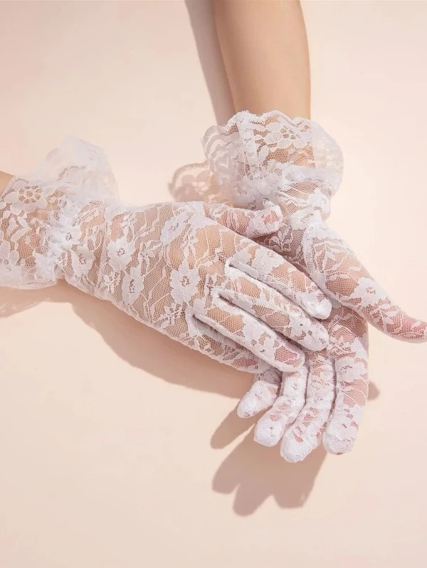 1 par de guantes góticos sexies para vestido de fiesta para mujer, con diseño de rosa y encaje, adornados con volantes, guantes nupciales elegantes para fiesta, Halloween, accesorios de invierno