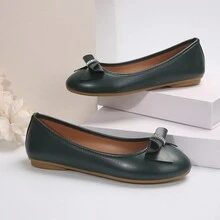 女士圓頭瑪莉珍鞋,低厚跟,柔軟的皮革材質,蝴蝶結細節,休閒多功能款式,女式平底鞋 - 墨綠色 - 查看 5