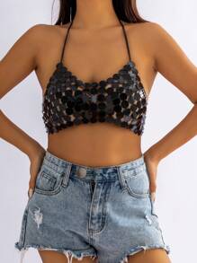 1個迷人的比基尼胸鏈,金屬亮片頸帶背心夏季露背空心海灘節日背心,女性海灘度假身體珠寶,夜店派對配飾 - 黑色 - 查看 11