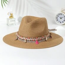 件裝女式波西米亞風格流蘇和貝殼裝飾女牛仔/牛仔帽，爵士巴拿馬帽，寬邊太陽帽適合日常佩戴