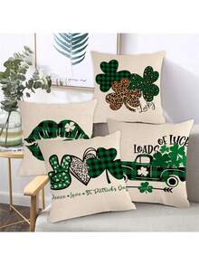4 cái/bộ Ngày St. Patrick May mắn Four-leaf Clover Màu xanh lá Kẻ sọc Mô hình Gối trang trí Che phủ ( Gối Bên trong Không bao gồm ) Đến trang trí Gia đình Sofa - Hồng - Xem 5