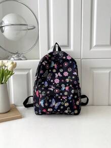 1pc Girls' Nylon Butterfly & Flower Pattern Zipper Closure Cute & Cool Backpack, Suitable For Daily Use - Black - View 1