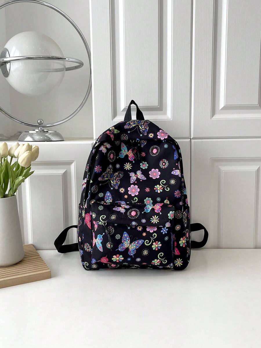 1pc Girls' Nylon Butterfly & Flower Pattern Zipper Closure Cute & Cool Backpack, Suitable For Daily Use - Black - View 1
