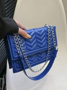 時尚的鏈環壓花肩背包,帶有鑲嵌水晶鏈條背帶設計 - 藍色 - 查看 7