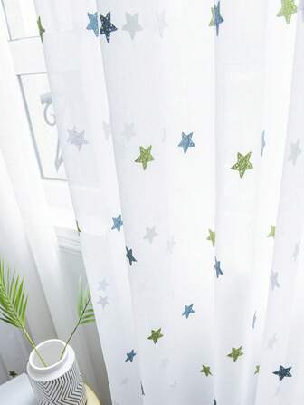 1 Panel de cortinas de tul con bordado verde de estrellas para la habitación de niñas, cortinas transparentes para la sala de estar, decoración para fiestas de cumpleaños