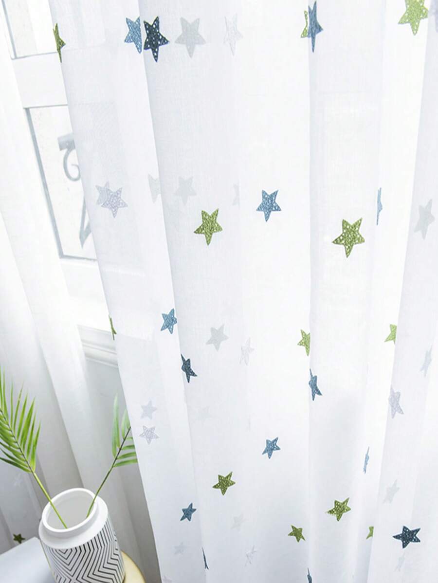 1pc Green Embroidered Star Sheer Curtain, Suitable For Children Girls Bedroom, Living Room, Birthday Party Decoration