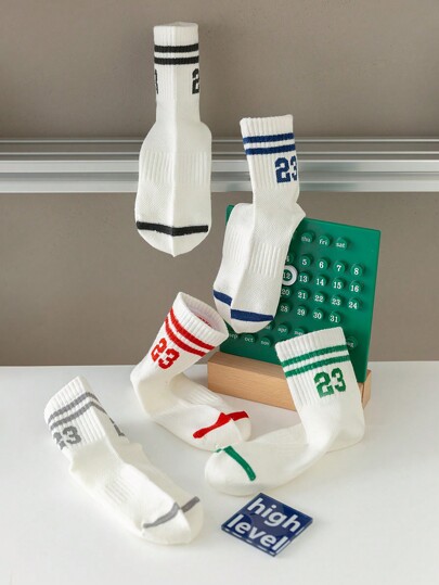 5أزواج من جوارب الركبة المتوسطة البسيطة المخططة والمرقمة للأطفال، مناسبة للمدرسة والارتداء اليومي، للاستخدام على مدار السنة