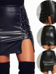 Falda Vinil Negra Para Mujer Falda De PU - Negro - Ver 3