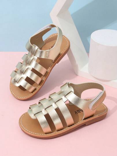 1 双女童罗马凉鞋，夏季时尚防滑平底凉鞋，钩环公主沙滩鞋，万圣节编织软底公主鞋