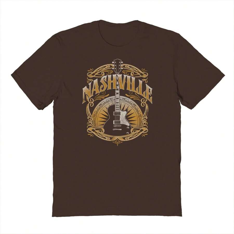 Haywood & Main Nashville Guitar Graphic Dark Chocolate Men's Cotton Short-Sleeve T-Shirt - 棕色 - 查看 1