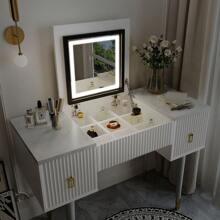 43.3" Modern Vanity Table Set With Flip-Top Mirror And LED Light, Dressing Table With Customizable Storage, Marble-Style Stickers Tabletop, White And Gray - 白色+灰色 - 查看 4