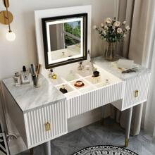 43.3" Modern Vanity Table Set With Flip-Top Mirror And LED Light, Dressing Table With Customizable Storage, Marble-Style Stickers Tabletop, White And Gray - 白色+灰色 - 查看 3