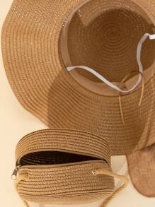 Boho 2pcs/Set Khaki Wave Pattern Beach Sun Hat And Round Woven Bag, Suitable For Daily Vacation Travel Valentines Gift - Khaki - View 4