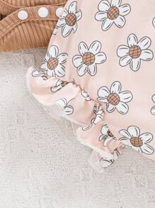 寶寶女孩春季字母印花無袖連體衣和黛西印花短褲可愛套裝 - 棕色 - 查看 3