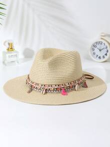 件裝女式波西米亞風格流蘇和貝殼裝飾女牛仔/牛仔帽，爵士巴拿馬帽，寬邊太陽帽適合日常佩戴