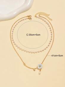 Set de 2 collares con colgante de flor de margarita dorada, collar de cadena de perlas de doble capa elegante, collar de flor de longitud ajustable hecho a mano para fiesta y uso diario - Dorado - Ver 4