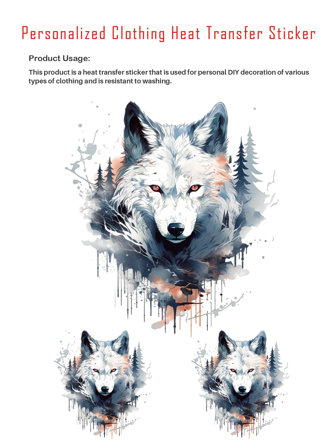 1入組銀白色狼設計diy熱轉印貼片,可用於個性化服裝、t恤衫上 - 彩色 - 查看 1