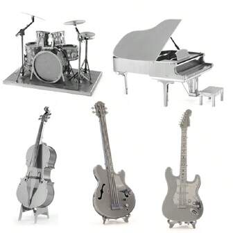 3D Metal Assembly Model, DIY Stainless Steel Buckle Puzzle, Musical Instrument Models - Drum Set, Electric Guitar, Bass, Cello, Piano, No Glue Required, Birthday Gift
