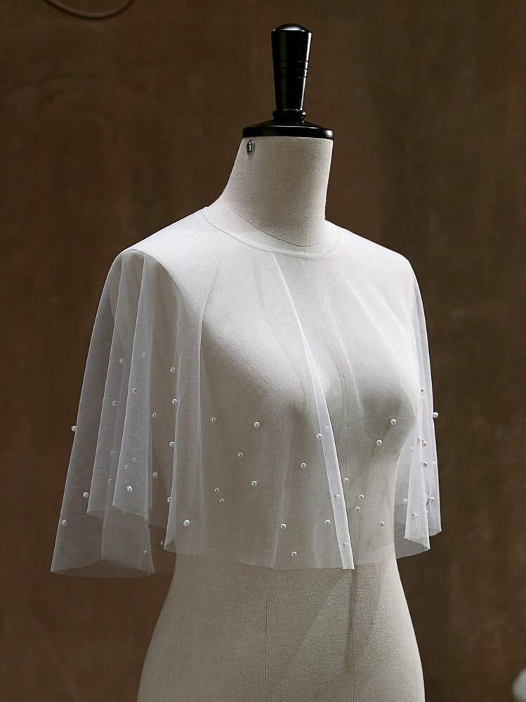1 peça xale de casamento nupcial versátil malha pérola branco xale capa para mulheres, xale cobrir para vestido de casamento verão/outono - Branco - Ver 4