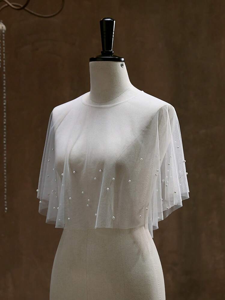1 peça xale de casamento nupcial versátil malha pérola branco xale capa para mulheres, xale cobrir para vestido de casamento verão/outono - Branco - Ver 2