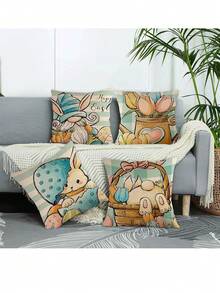 4 Piezas/set De Fundas Decorativas Para Almohadas Con Patrón De Conejo De Pascua Y Huevos De Pascua (no Incluye Relleno De Almohada) Para Decoración De Sofá En El Hogar - Naranja - Ver 1