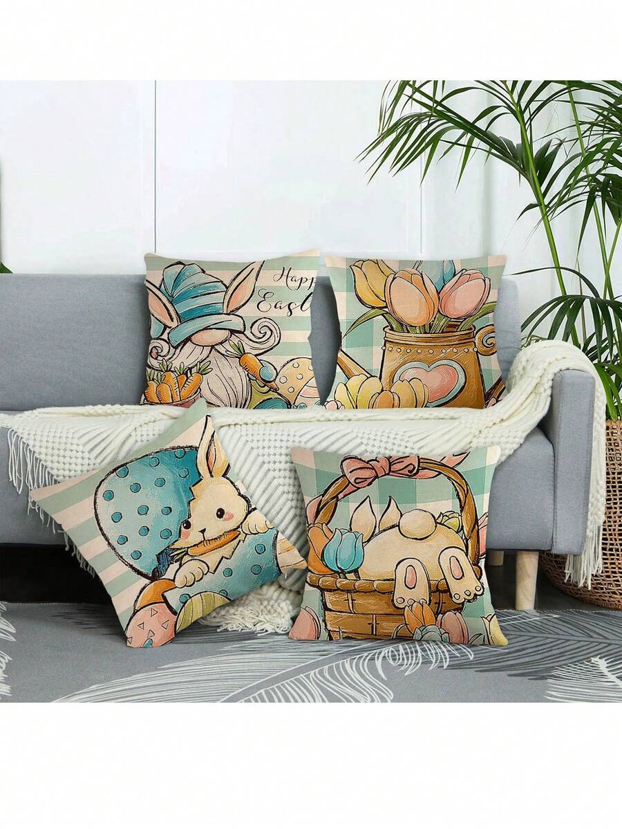 4 Piezas/set De Fundas Decorativas Para Almohadas Con Patrón De Conejo De Pascua Y Huevos De Pascua (no Incluye Relleno De Almohada) Para Decoración De Sofá En El Hogar - Naranja - Ver 1