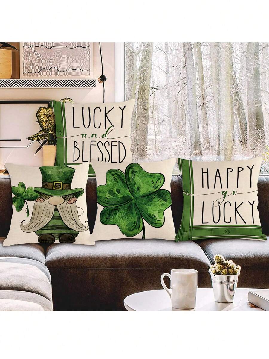 4 cái/bộ Ngày St. Patrick Four-leaf Clover Màu xanh lá Mũ Hoa văn kẻ sọc Trang trí Vỏ gối ( Gối Cốt lõi Không bao gồm ) Đối với Nhà  Sofa Đồ trang trí - Nhiều màu - Xem 1