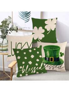 4入組聖派翠克節三葉草,綠色帽子,字母印花裝飾枕套,不含枕芯,適用於裝飾沙發枕頭 - 粉色 - 查看 4