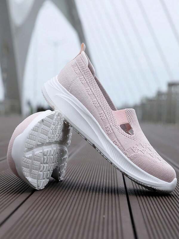 Scarpe Slip On Sportive Da Donna, Scarpe Da Ginnastica Con Dettagli A Maglia E Design Tagliato